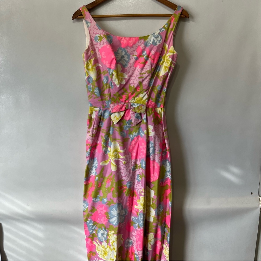 Vintage Mardi Gras Pink Floral MCM Mod Long Dress